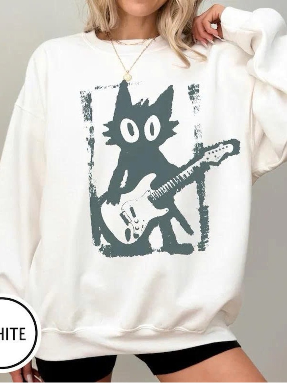 Unbranded Cream Graphic Cat Sweatshirt with Guitar